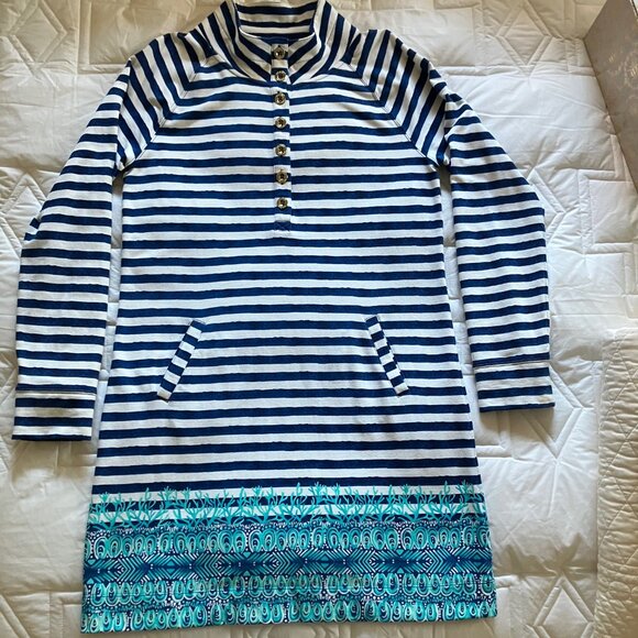 Lilly Pulitzer UPF 50+ CAPTAIN DRESS BRIGHT NAVY POSITANO STRIPE L - Picture 3 of 8